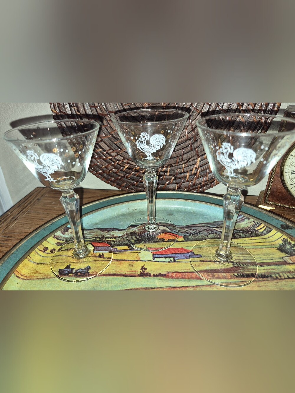 MCM Libbey Glass Rooster CHANTICLEER 3 Pc Cocktail Martini Set Stemmed Barware